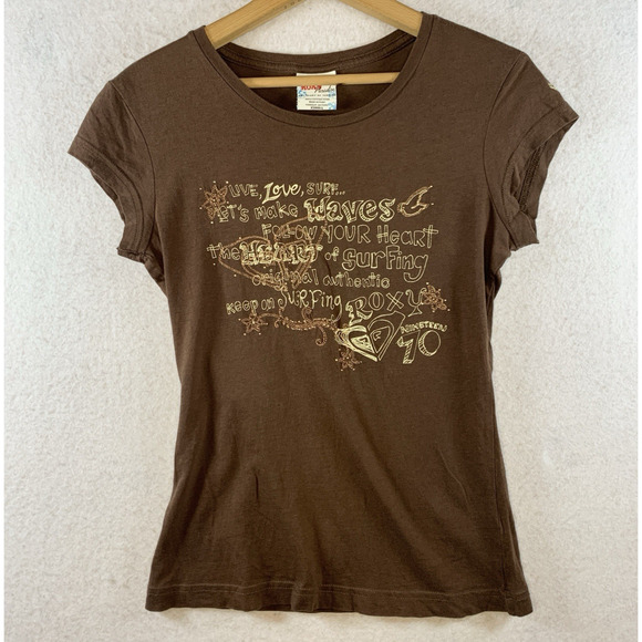 VTG Roxy Womens Y2K Surf T Shirt Sz XS All Over Graphic Metallic Thread Studs - Picture 1 of 11